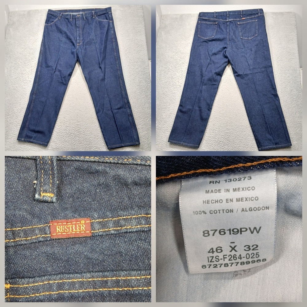 Rustler Jeans Men's 46x32 Blue‎ Denim 100% Cotton Classic Fit Straight Leg
